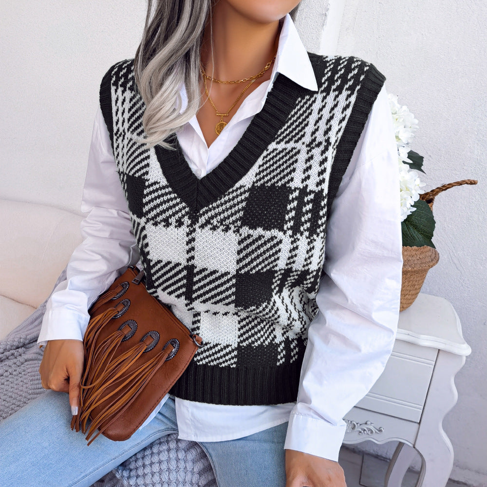 Color-block Plaid Knitted Vest Sweater Waistcoat for Women