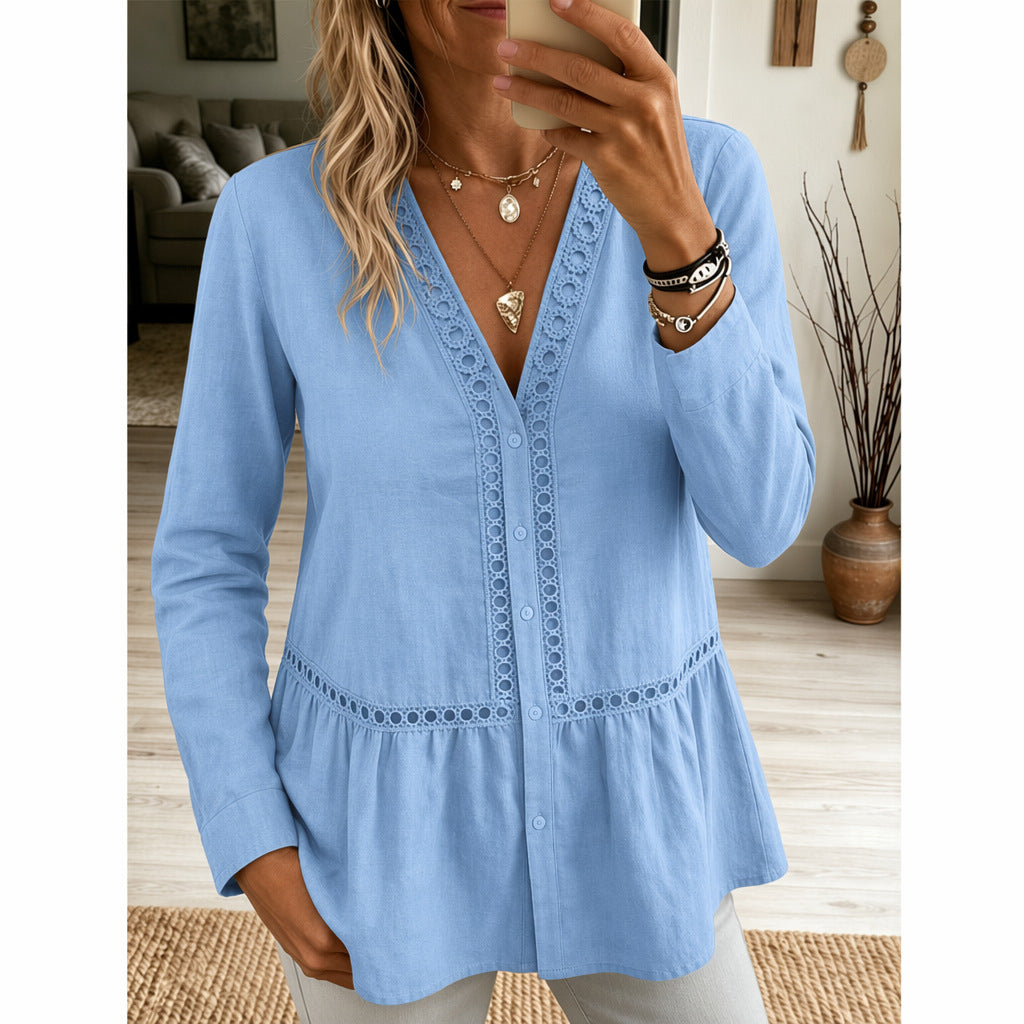 Womens Casual Solid-Color Lace-Patchwork Long-Sleeve Shirt