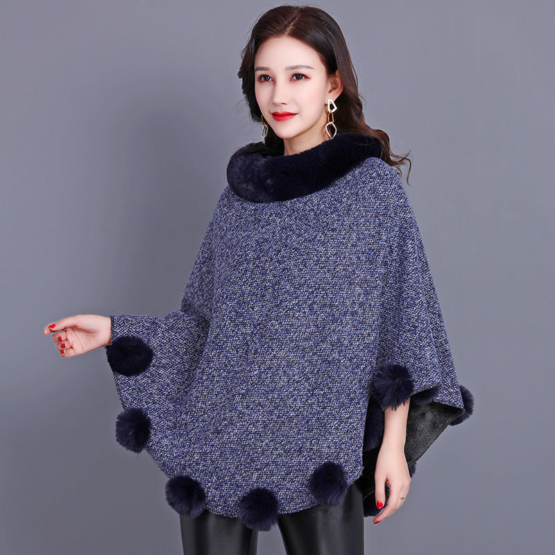 Women's Brown Mid-length Furry Ball Shawl Cape with Outerwear