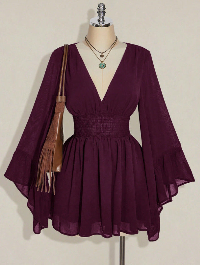 Womens Solid-Color Fashionable V-Neck Waist-Cinching Dress