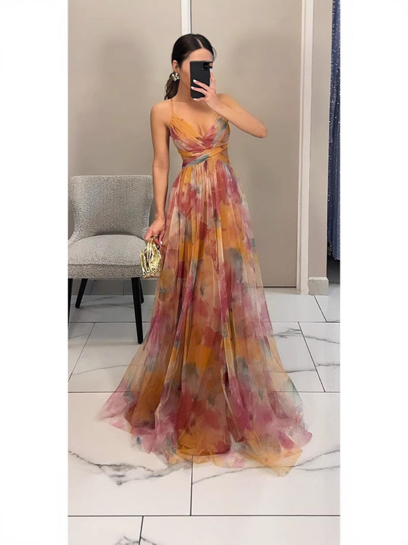 Mesh Printed Suspender Dress INS Holiday Leisure Party Dress