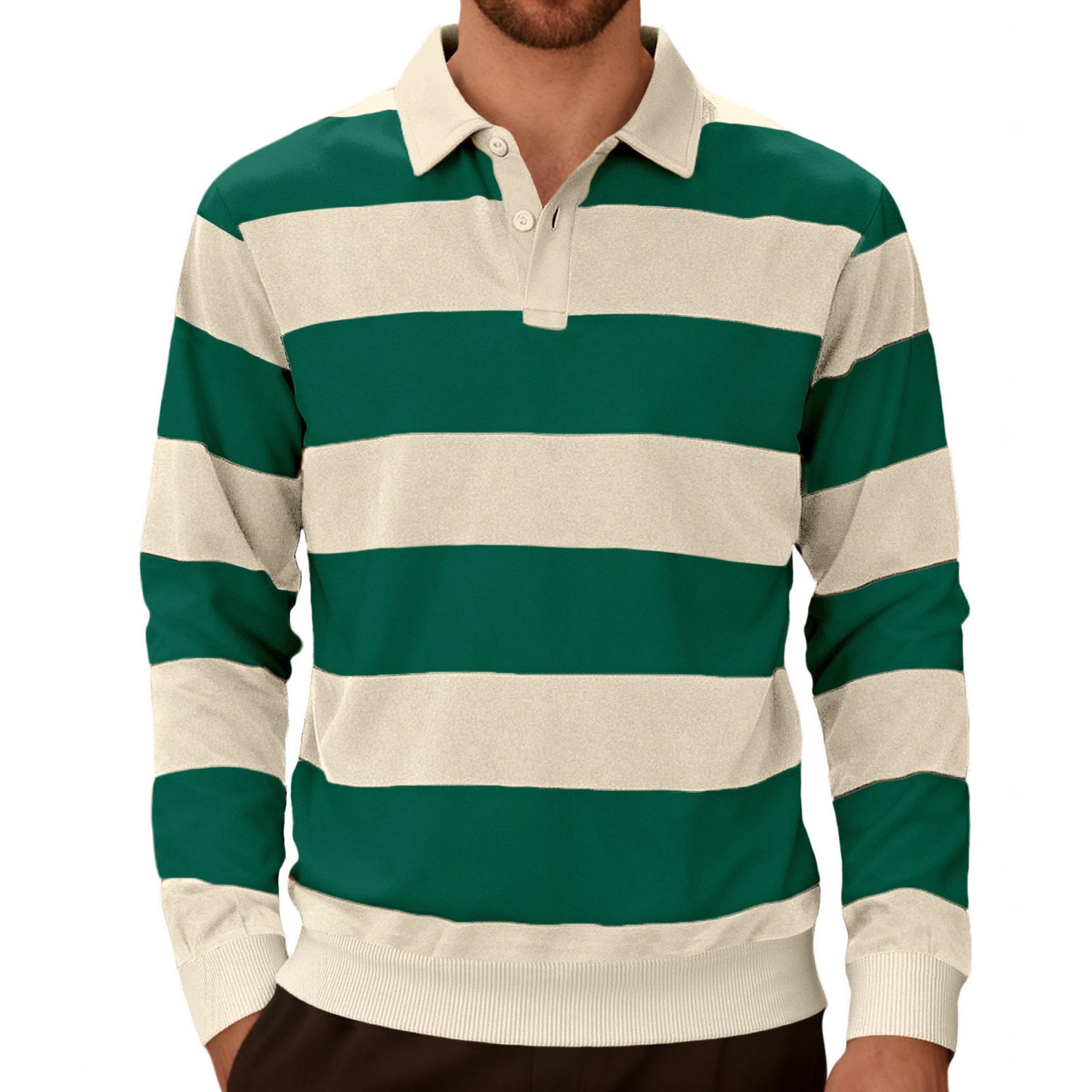 Men's Striped Color-blocked Button Long-sleeve Knit Shirt