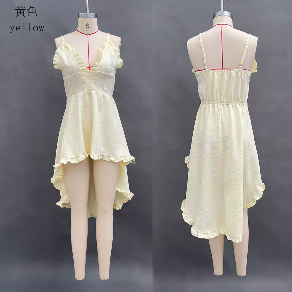 2026 Summer Suspender Pure Color Short Skirt Women's Off-Shoulder Beach Asymmetrical Dress