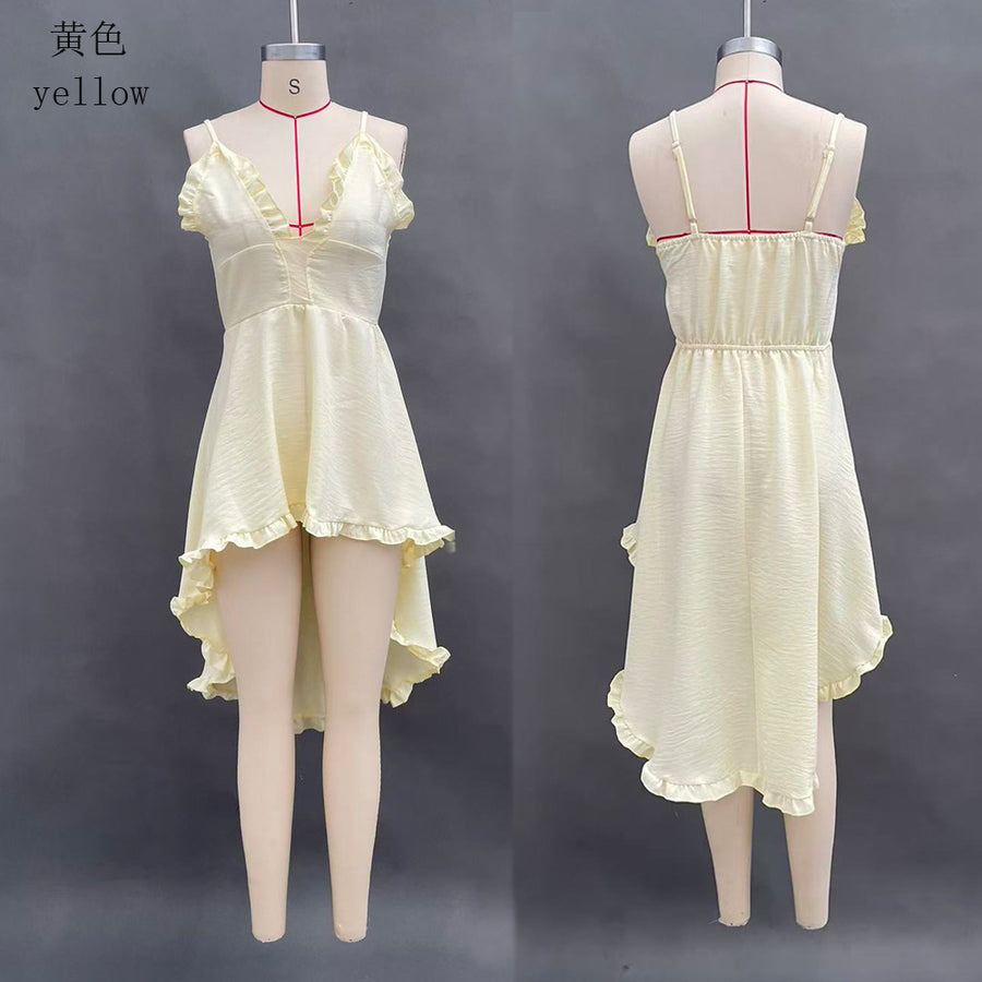 2026 Summer Suspender Pure Color Short Skirt Women's Off-Shoulder Beach Asymmetrical Dress